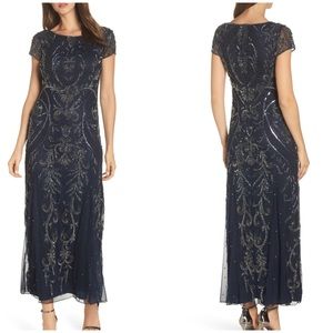 Pisarro Nights Navy Embellished Mesh Beaded Gown
